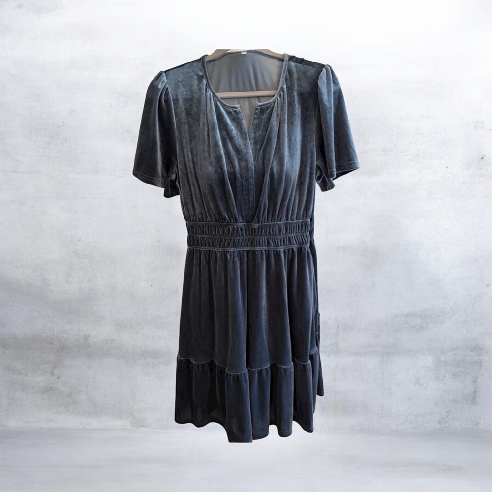 Women’s Velour Tiered Short Sleeve Dress - Blue/Gray EUC L